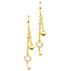 14K Yellow Gold Fancy Heart Key CZ Cubic Zirconia Dangle Hanging Earrings