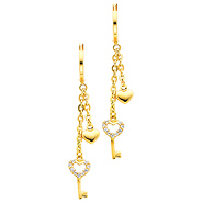 14K Yellow Gold Fancy Heart Key CZ Cubic Zirconia Dangle Hanging Earrings