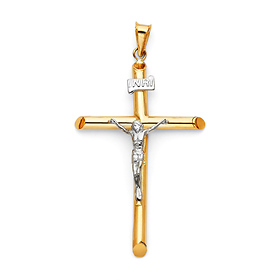 Large Rod Crucifix Pendant in 14K Two-Tone Gold - Classic 49mm