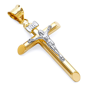Small Rod Crucifix Pendant in 14K Two-Tone Gold - Classic
