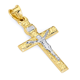 Small Carved Wood-Design Crucifix Pendant in 14K Two-Tone Gold 28mm