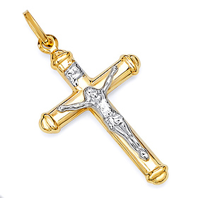 Small Tube Crucifix Pendant in 14K Two-Tone Gold