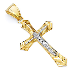 Small Fancy Edge Textured Crucifix Pendant in 14K Two-Tone Gold
