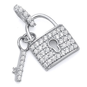 Micropave CZ-Filled Lock & Key Pendant in 14K White Gold - Petite