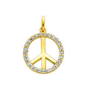 14K Yellow Gold Peace Sign CZ Cubic Zirconia Charm Pendant