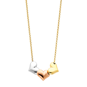 14K TriGold Heart Hanging 1.5mm Rolo Cable Chain Necklace