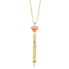 Heart Charm Box Link Hanging 14K TriGold Tassel Necklace