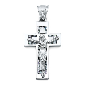 Medium Flat Baguette CZ Crucifix Pendant - Sterling Silver (Rhodium)