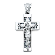 Medium Flat Baguette CZ Crucifix Pendant - Sterling Silver (Rhodium)