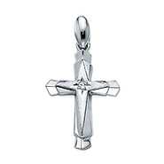Fancy Small Solitaire CZ Stacked Cross Pendant in Sterling Silver Rhodium