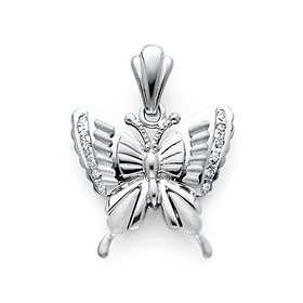 Butterfly Pendant with Round CZ Accents in Sterling Silver (Rhodium) - Small