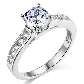 Cathedral Round-Cut CZ Engagement Ring in Sterling Silver (Rhodium) with Pave Side Stones