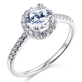 Halo 1-CT Round-Cut CZ Engagement Ring & Side Stones in Sterling Silver (Rhodium)