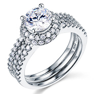 Split Shank Halo Round-Cut CZ Engagement Ring Set in 14K White Gold