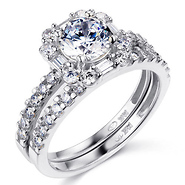 Squared Halo Baguette & Round-Cut CZ Wedding Ring Set in 14K White Gold