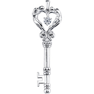 Large Heart-Shape CZ Key Pendant Necklace (Silver, White or Yellow Gold)