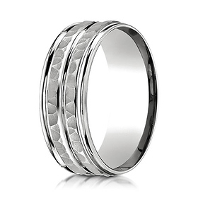 7.5mm 14K White Gold Double Hammered Center Benchmark Wedding Band