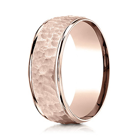 8mm Hammered Center Rounded Edge Wedding Band by Benchmark Rings in 14K Rose Gold