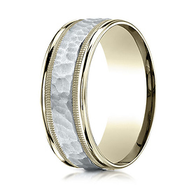 8mm 14K Two-Tone Gold Hammered Benchmark Wedding Band