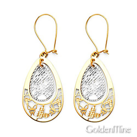 Medium Pear-Shape Filigree 14K Two Tone Gold Drop Earrings