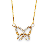 Floating Open CZ Butterfly Charm Necklace - 14K Yellow Gold