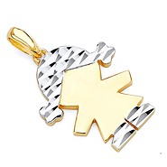 Faceted Pigtails Little Girl Charm Pendant in 14K TwoTone Gold - Petite