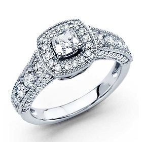 Milgrain Halo Princess Diamond Engagement Ring - 14K White Gold 1.1ctw