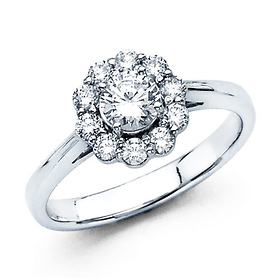 Flower Halo Round Cut Diamond Engagement Ring 14K White Gold .93ctw