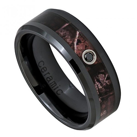 8mm Beveled Black Ceramic Forest Camo Ring with Black Diamond - Men