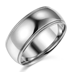 8mm Classic Light Dome Milgrain Men's Wedding Band - 14K White Gold