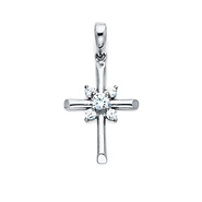 Small Starburst CZ Rod Cross Pendant in 14K White Gold