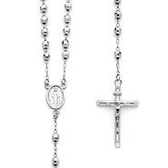 4mm Mirrorball Bead Miraculous Medal Rosary Necklace in 14K White Gold 20in