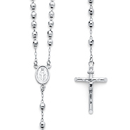 4mm Moon-Cut Bead Miraculous Medal Rosary Necklace in 14K White Gold 20in