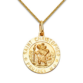 Small St. Christopher Medal Necklace with Braided Wheat Chain - 14K Yellow Gold (16-22in)