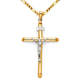 Large Rod Crucifix Necklace with Figaro Chain - 14K Two-Tone Gold 16-24in