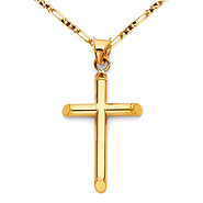 Small Rod Cross Necklace with Figaro Chain - 14K Yellow Gold (16-24in)