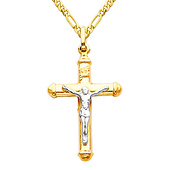 Small Tube Crucifix Necklace with Figaro Chain - 14K Two-Tone Gold (16-24in)