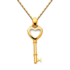 Key to My Heart Small Pendant Necklace with Snail Chain - 14K Yellow Gold