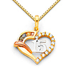 CZ Quinceanera 15 Anos Open Heart Charm Necklace with Box Chain - 14K Tricolor Gold 16-24in