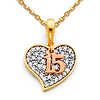 Quinceanera 15 Anos CZ Heart Charm Necklace with Cable Chain - 14K TriGold 16-22in