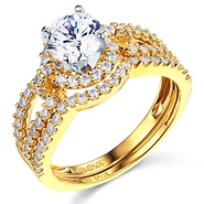 Halo Split Shank 1.25CT Round CZ Engagement Ring Set in 14K Yellow Gold