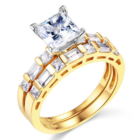 1.25 CT Princess-Cut & Side Baguette CZ Wedding Ring Set in 14K Yellow Gold