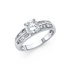 1-CT Round-Cut Prong-Set & 2 Row Pave side stones CZ Wedding Ring in 14K White Gold