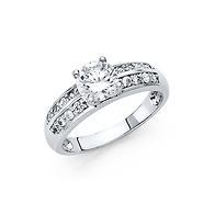 1-CT Round-Cut Prong-Set & 2 Row Pave side stones CZ Wedding Ring in 14K White Gold