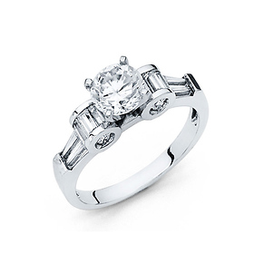 1.25 CT Round-Cut 4-Prong High Peg Head with Baguette CZ Engagement Ring in 14K White Gold
