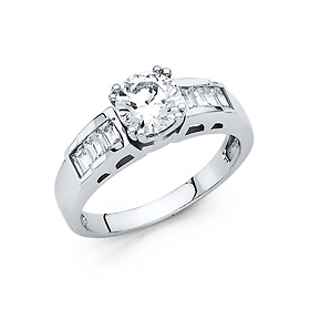 1.25-CT Double-Prong Peg Head Round with Baguette CZ Wedding Ring in 14K White Gold