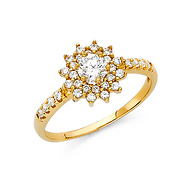 Halo Starburst Round-Cut & Scalloped CZ Engagement Ring in 14K Yellow Gold