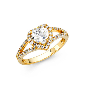 Split Shank Halo 1-CT Heart-Cut CZ Engagement Ring in 14K Yellow Gold