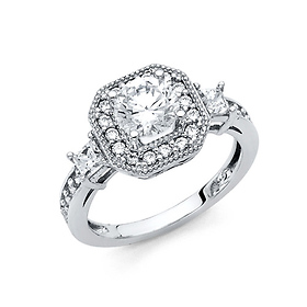 1.25CT Halo Round-Cut & Baguette Side CZ Wedding Ring in 14K White Gold