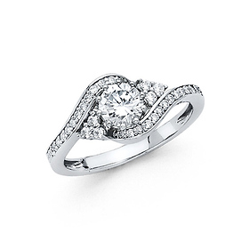 10-Prong Bypass & Pave Round-Cut CZ Engagement Ring in 14K White Gold